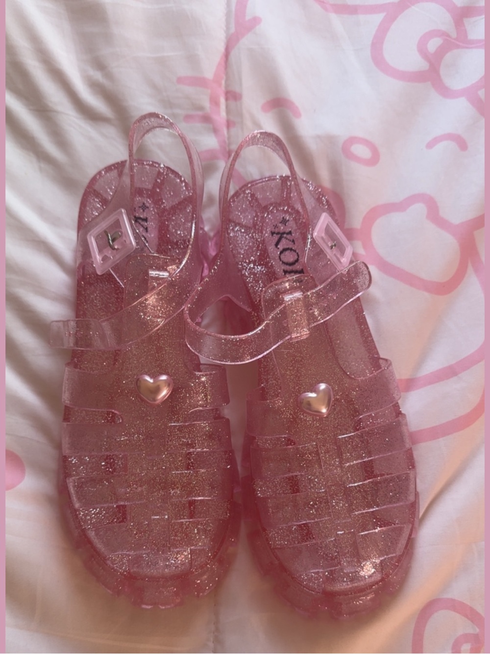 Pink Glitter Jelly Sandals with Heart Accent